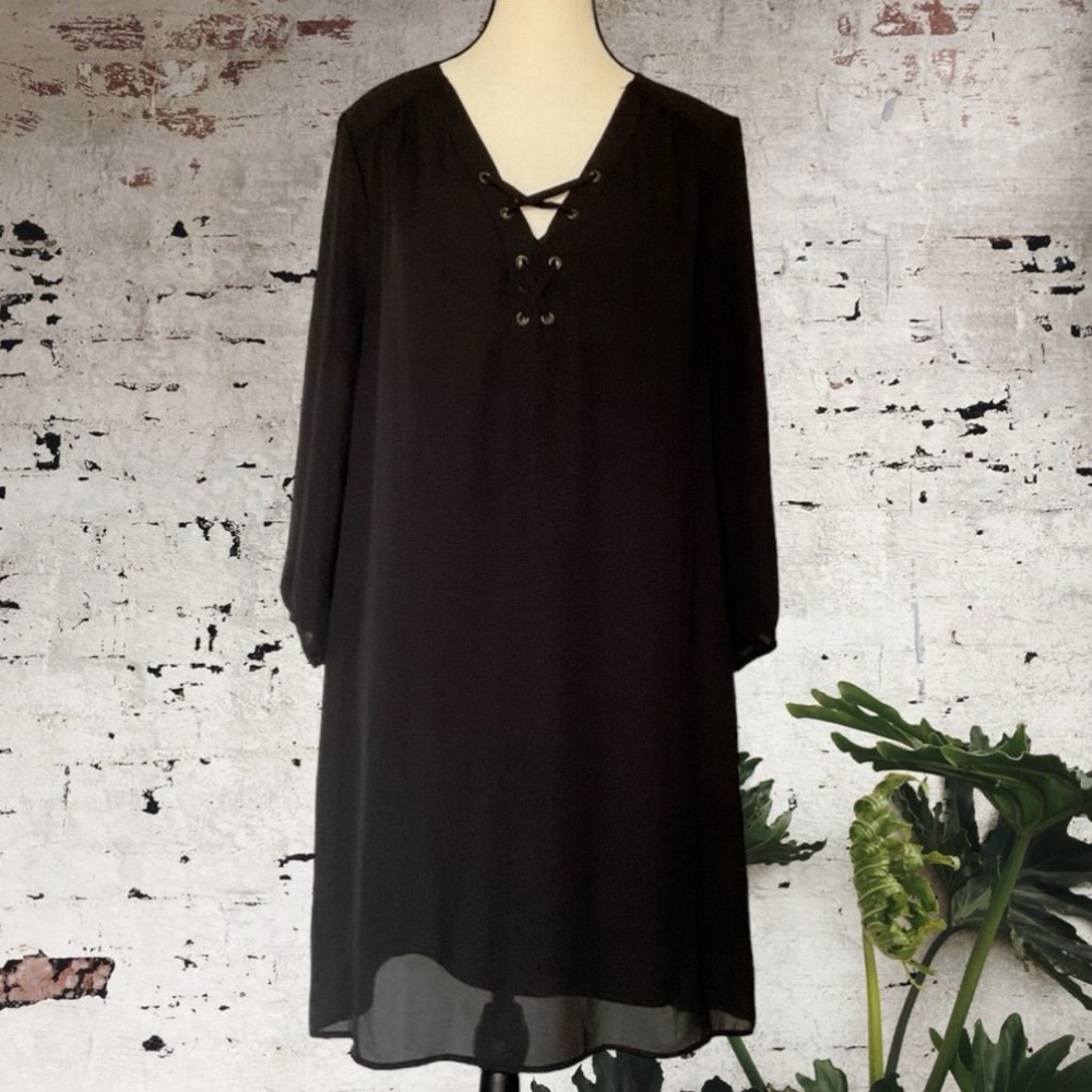 $10$ add on Luxology Black sheer chiffon layered Lace-Up 3/4 Sleeve Dress Size 8 - Picture 7 of 10